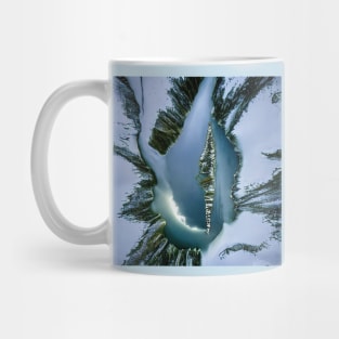 Aerial top view of frozen lake among snow winter landscape Mug